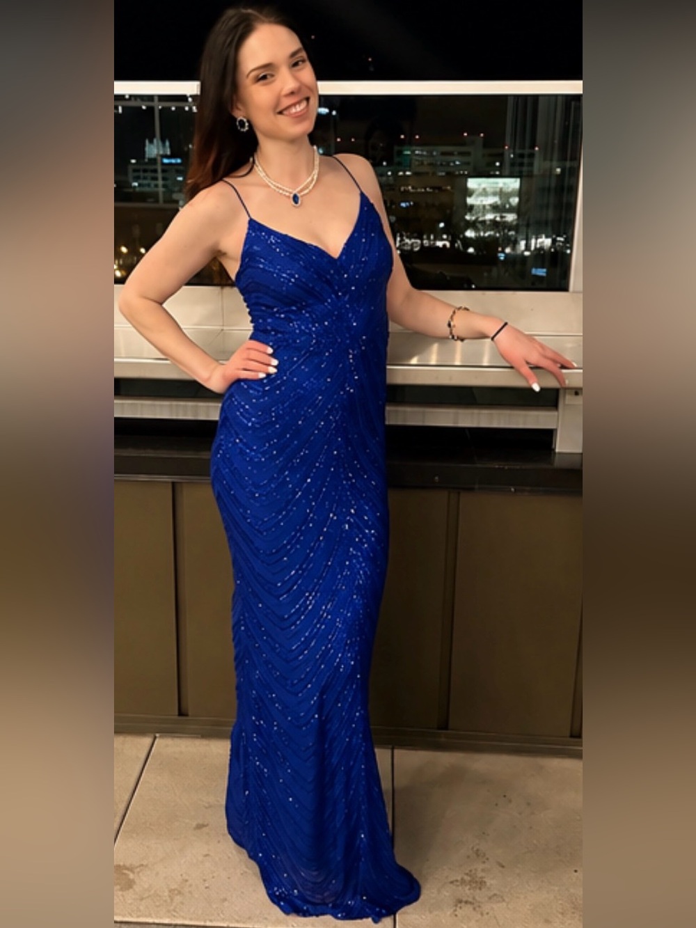 Windsor Cobalt Blue Sequin Spaghetti Strap Gown